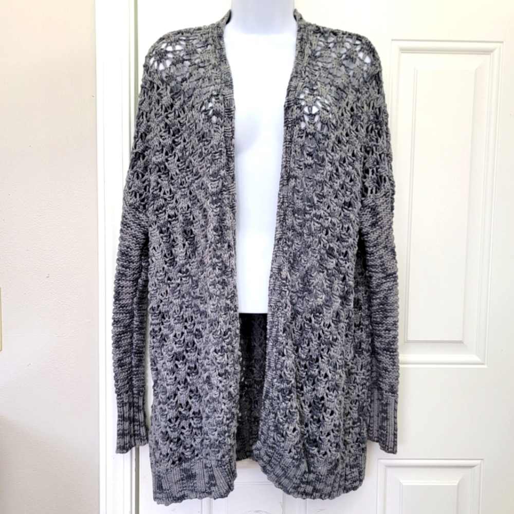 American Eagle Oversized Loose Knit Crochet Open Cardigan Sweater Marled Gray M